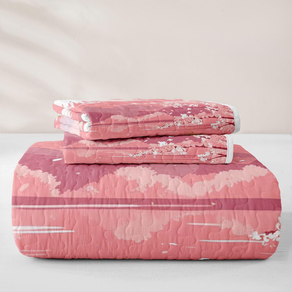 Erosebridal Japanese Cherry Blossoms Quilts Twin Size - Pink Japanese Style Bedspread Coverlet Set, Pink White Farmhouse Country Quilt Coverlets 2Pcs (Only 1 Pillowcase)