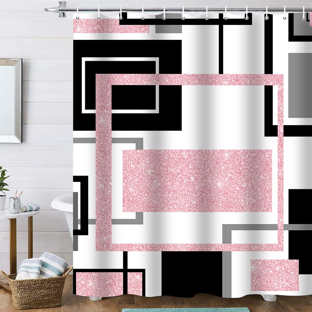 Onalasyc 4Pcs Pink Geometric Shower Curtain with Rugs Set Waterproof Pink Bathroom Sets with Shower Curtain and Rugs Abstract Geometric Modern Bathroom Curtains Shower Set with 12 pcs Hooks