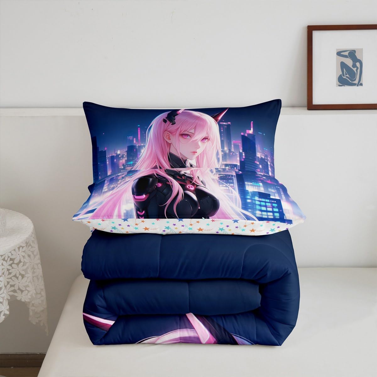 Erosebridal Japanese Anime Comforter Set Twin Size, Anime Girl Bedding Set Kawaii Japanese Style Quilt Cartoon Japan Animation Duvet Insert for Boys Teens Adult Women Bedroom Decor