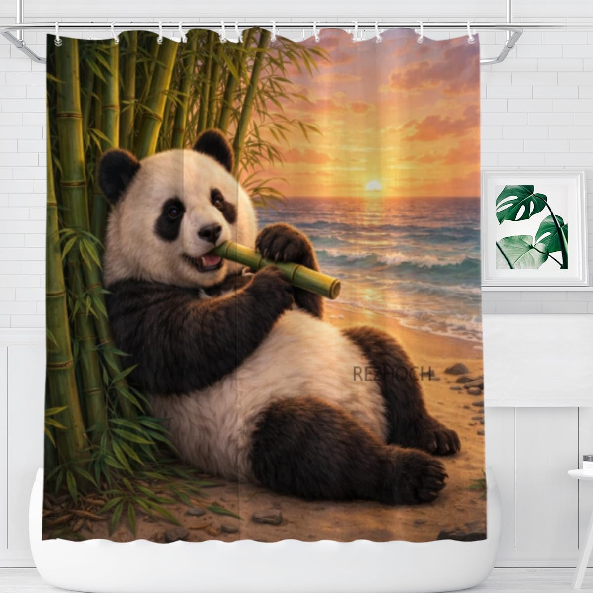 REZHOCH Coastal Funny Panda Shower Curtain 72x72 Inch,Cute Animal Sunset Beach Flowers Ocean Seaside Home Bathroom Decor Fabric Waterproof Bath Bathtub Set with 12 Hooks