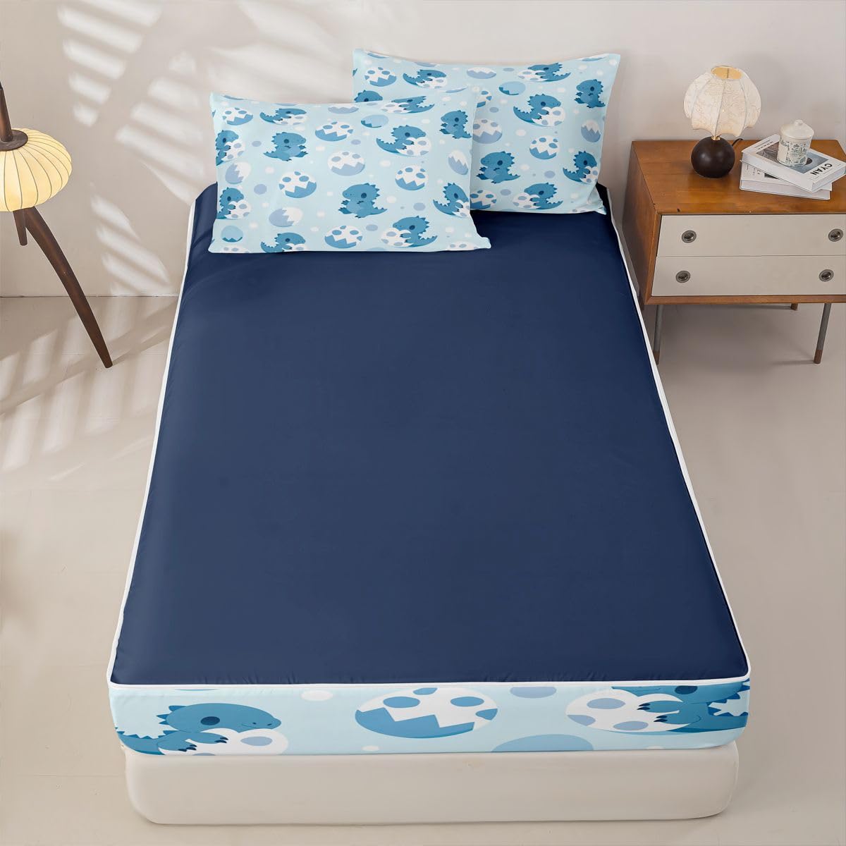 jejeloiu Boys Dinosaur Zipper Bedding for Kids Twin Size Blue White Dino Bed in a Bag with Sheets, Comforter, Pillowcases Dinosaur Pattern Comforter Set for Boys Girls Bedding Sets Durable