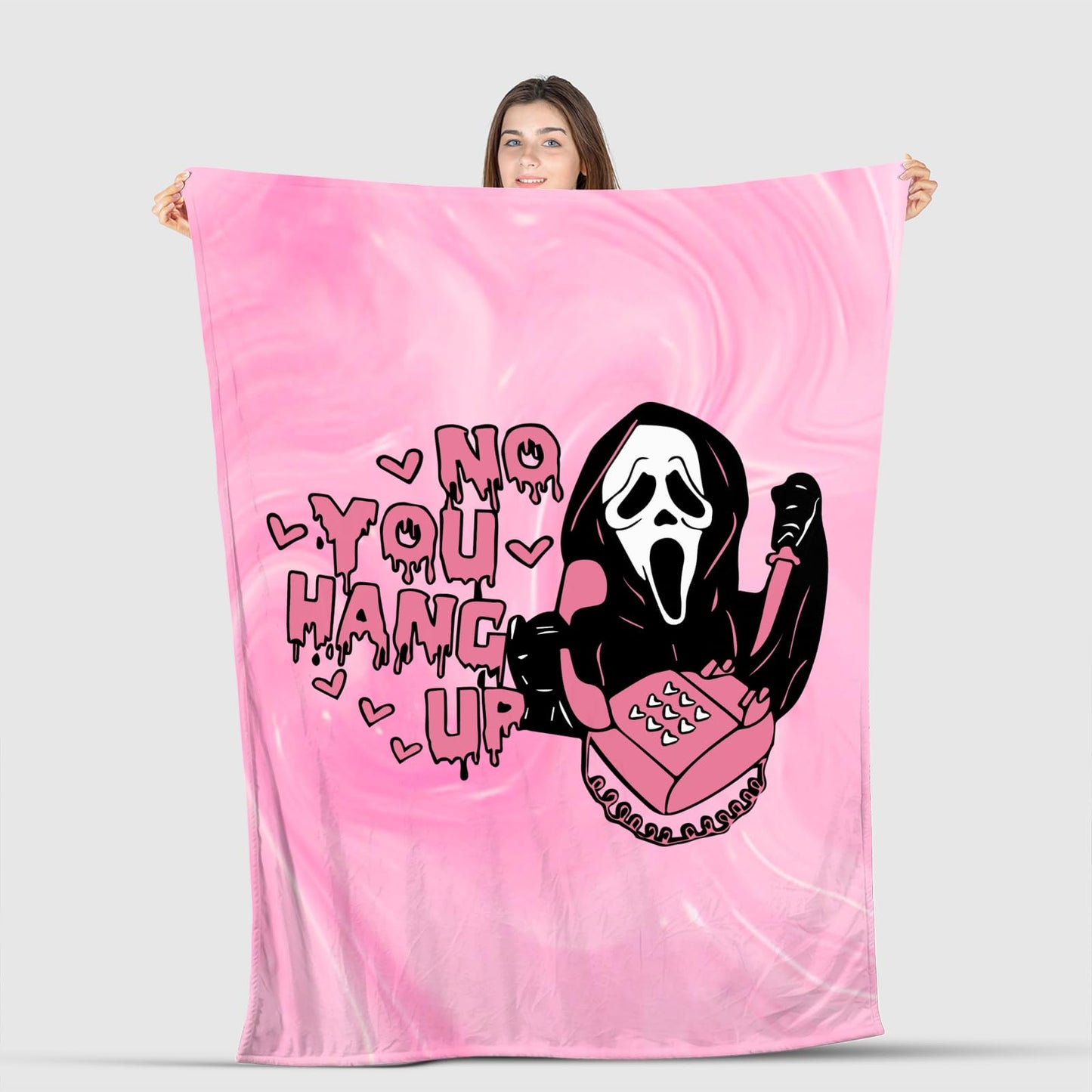 50''x 60'' Funny No You Hang Up Pink Horror Ghost Fleece Throw Blanket - Cozy Lightweight Thick Blanket - Soft Fuzzy Plush Blankets Throws- Halloween Day Gifts for Bedroom Bed Sofa