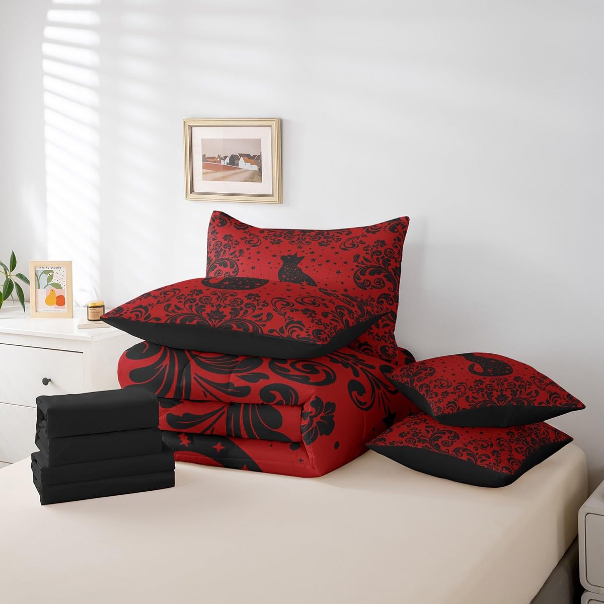 Erosebridal Boho Black Cat Queen Comforter Set 7 Piece for Kids Boys,Black Red Halloween Gothic Bedding Set with Sheet Set Teen Men Exotic Damask Floral Animal Goth Bed in A Bag Stars Cat Bed Set
