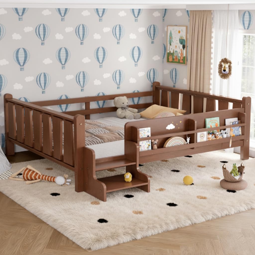LUMISOL Kids Montessori Bed with Guardrail, Low Profile Bed Frame Full with Storage Shelves, Natural
