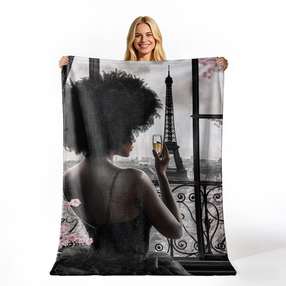 GXYAOYZG Paris Blankets Black Girl Eiffel Tower Print Black Women Flannel Throw Soft Warm Cozy Lightweight Pink Dress Blanket for Couch Sofa Bed Romantic Home Decor Women Girls Gift (49" x 59")