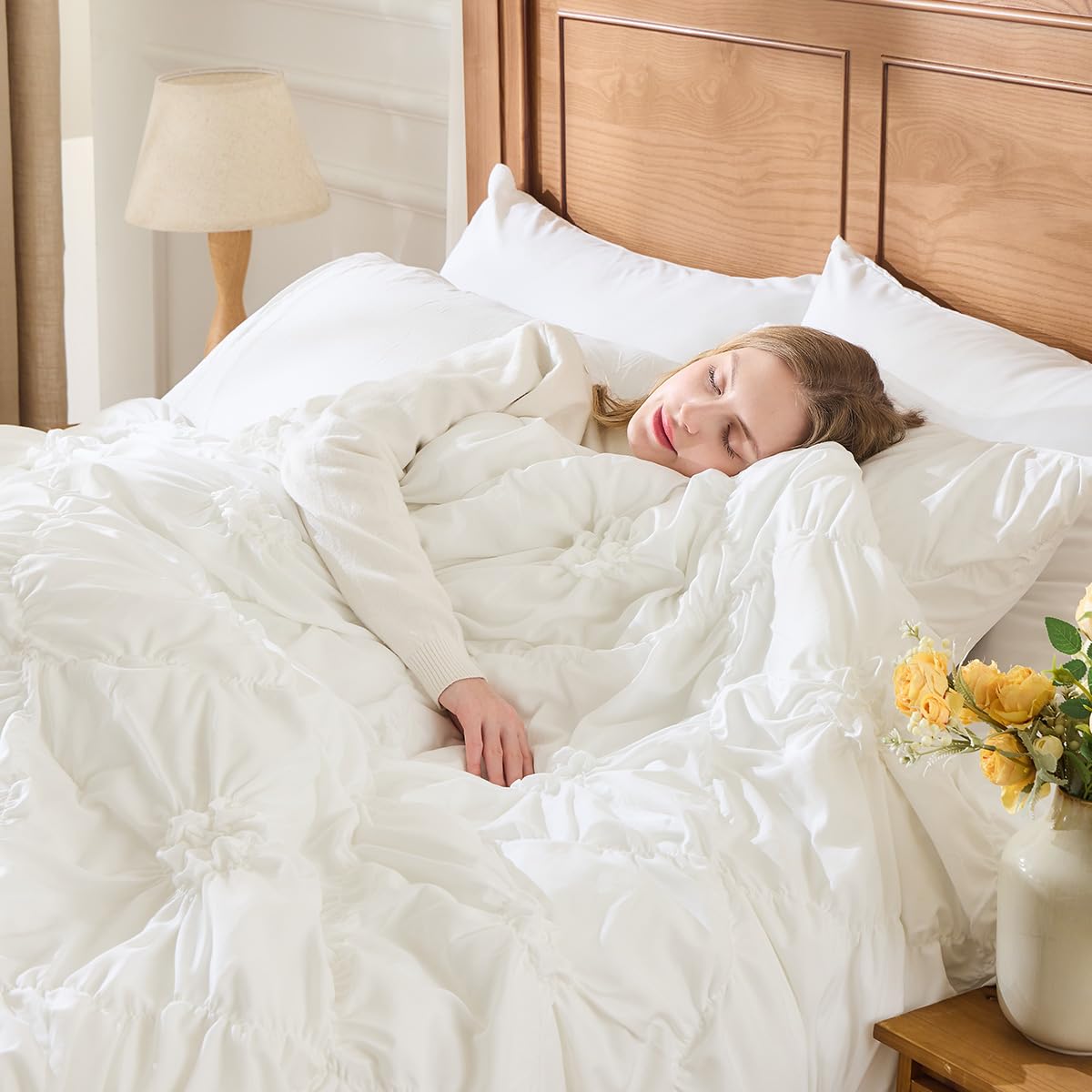 Jameswish White Comforter Set Queen Size Bed in A Bag 7 Piece Pinch Pleat Bedding Set,Pintuck Ruched Flowers Bed Set with Comforter, Sheets, Pillowcases & Shams
