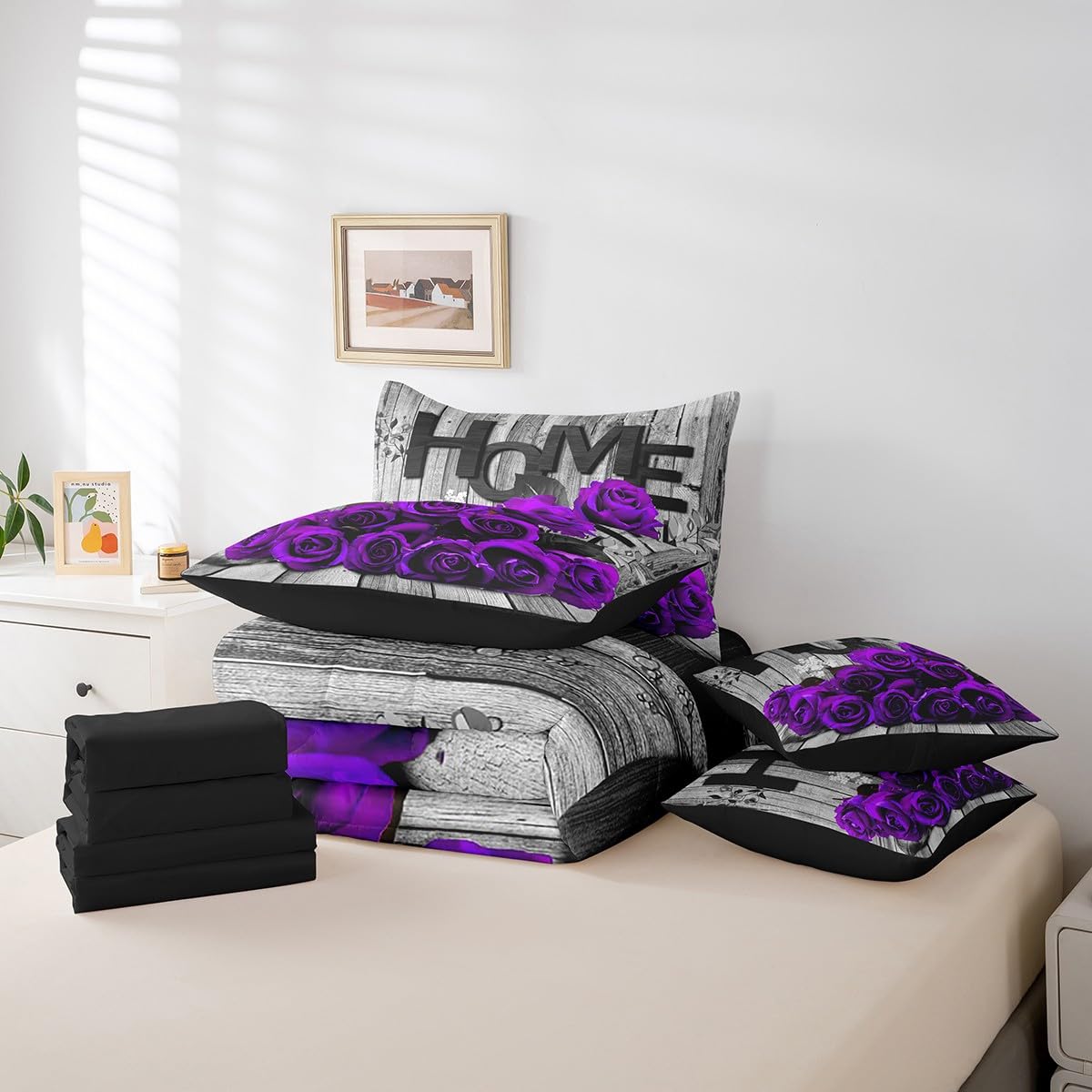 Feelyou Purple Rose 7 Piece Bedding Set for Adult Couple Full Size Romantic Style Comforter Set with Sheets Boys Girls Flower Floral Bed in a Bag Wooden Bed Set