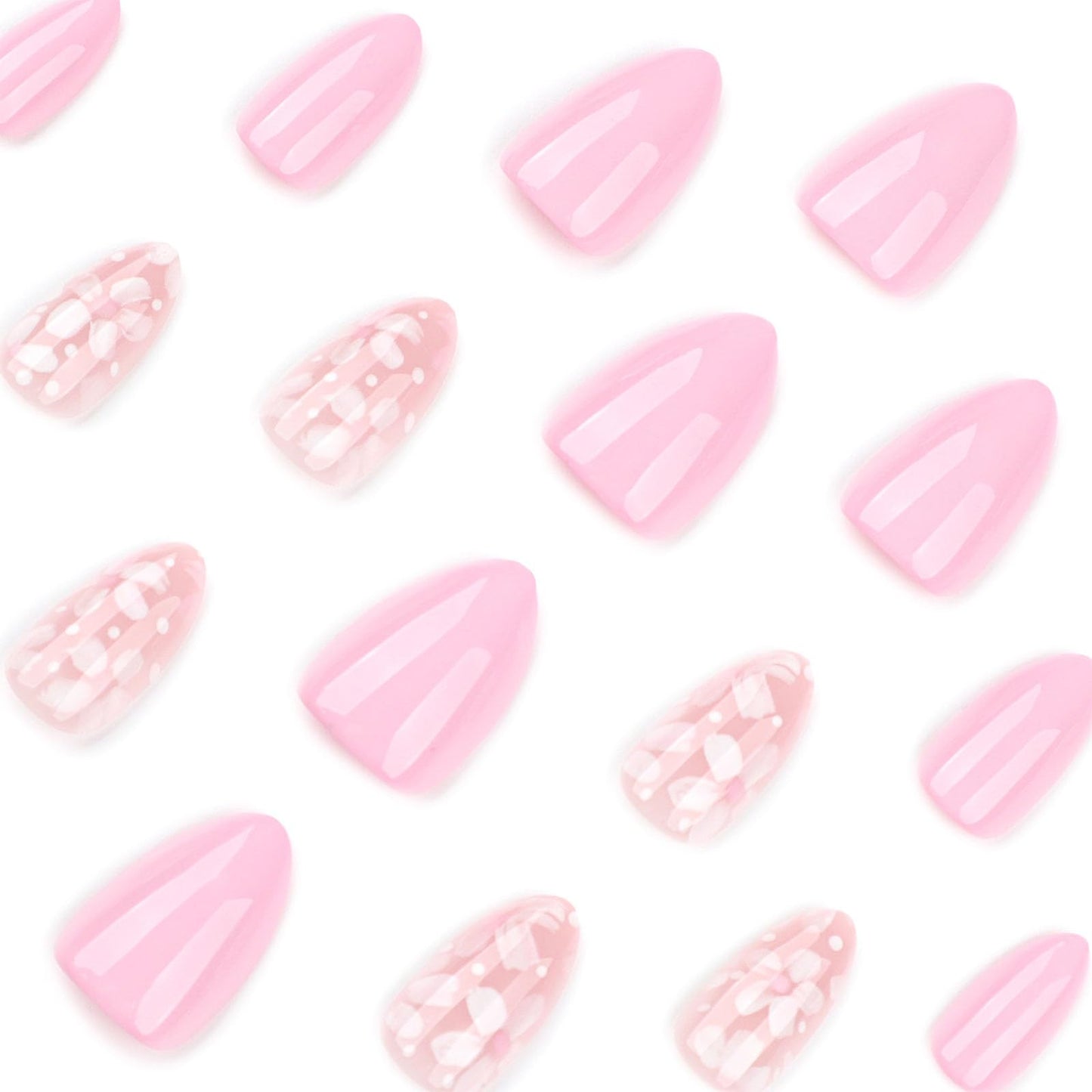 Almond Press on Nails Short Fake Nails Pink Flower Polka Dot Design Stick on Nails Summer Full Cover Reusable False Nail for Women 24Pcs