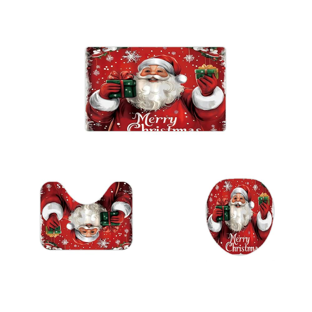 Czrqvyx Merry Christmas Shower Curtain Sets for Bathroom,Red Santa Claus with Non-Slip Rugs Toilet Lid Cover and Bath Mat 12 Hooks Waterproof 4 PCS Bathroom Decor Set for Christmas Decor