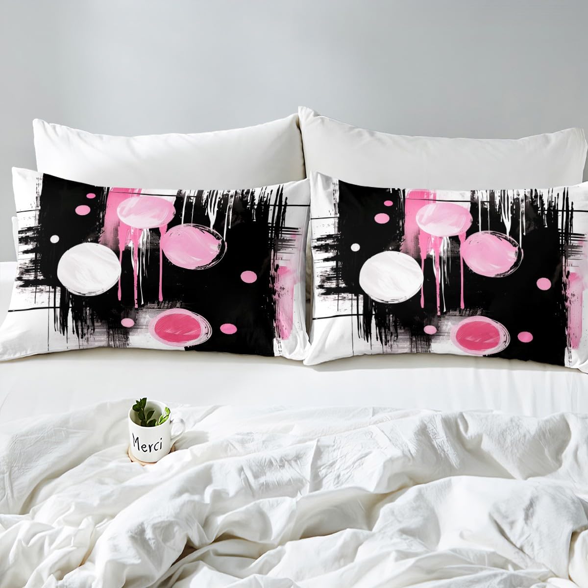 jejeloiu Retro Circle Bed Sheets Set Twin Size Black and Pink Abstract Bed Set Deep Pocket Fitted Sheet Breathable Soft Lightweight Microfiber
