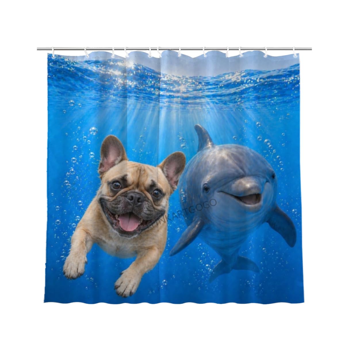 LFINKARTGOGO Ocean French Bulldog Shower Curtain 72x72 with 12 Hooks Underwater Animal Dolphin Waterproof Washable Polyester Bath Curtain for Home Hotel Decor