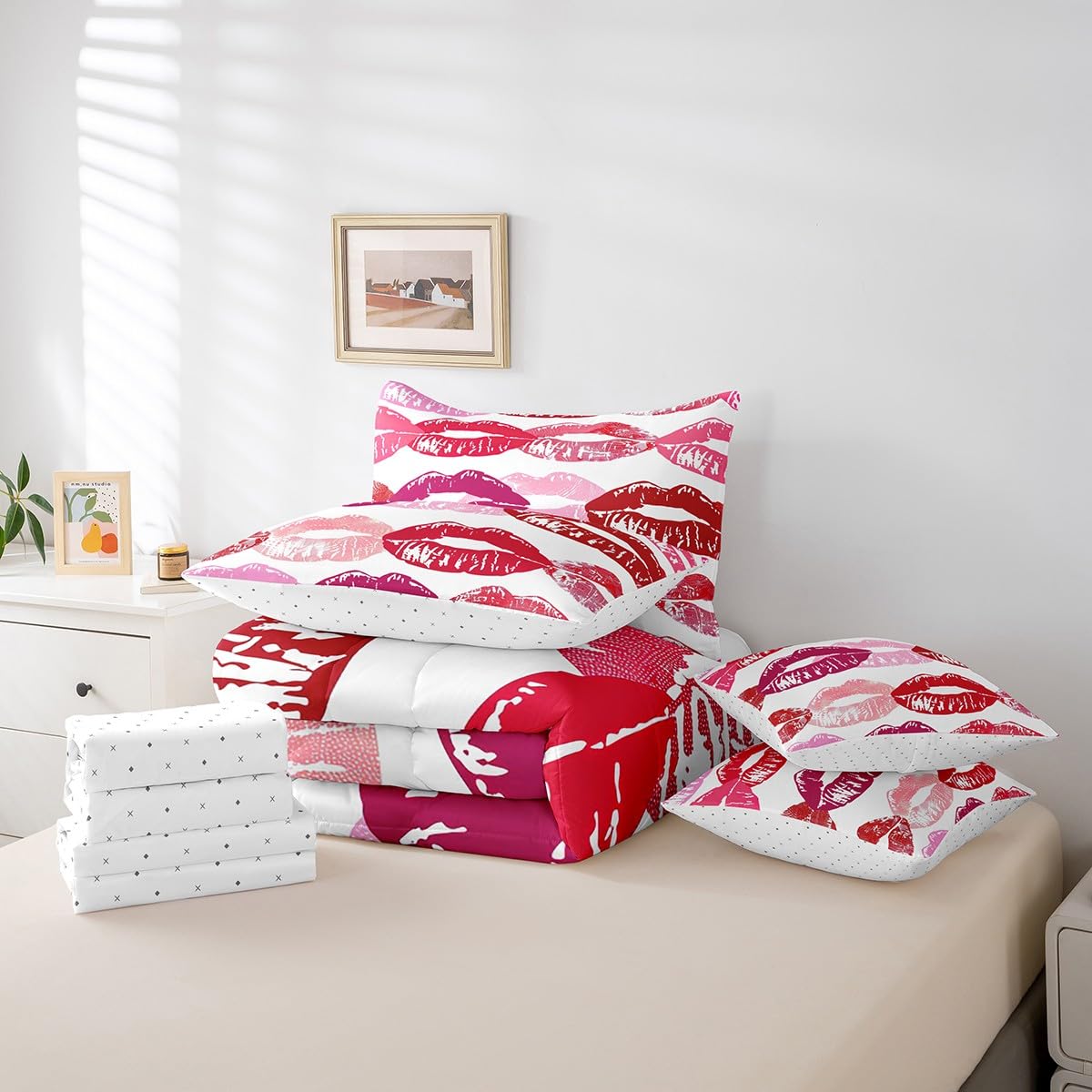 Erosebridal Red Pink Lip Comforter Set for Girls Teens Women 3D Mouth Print Bedding Sets 7 Piece Twin Fashion Lip Bed in A Bag Boys Modern Abstrict Art Quilt with Flat Fitted Sheet All Season