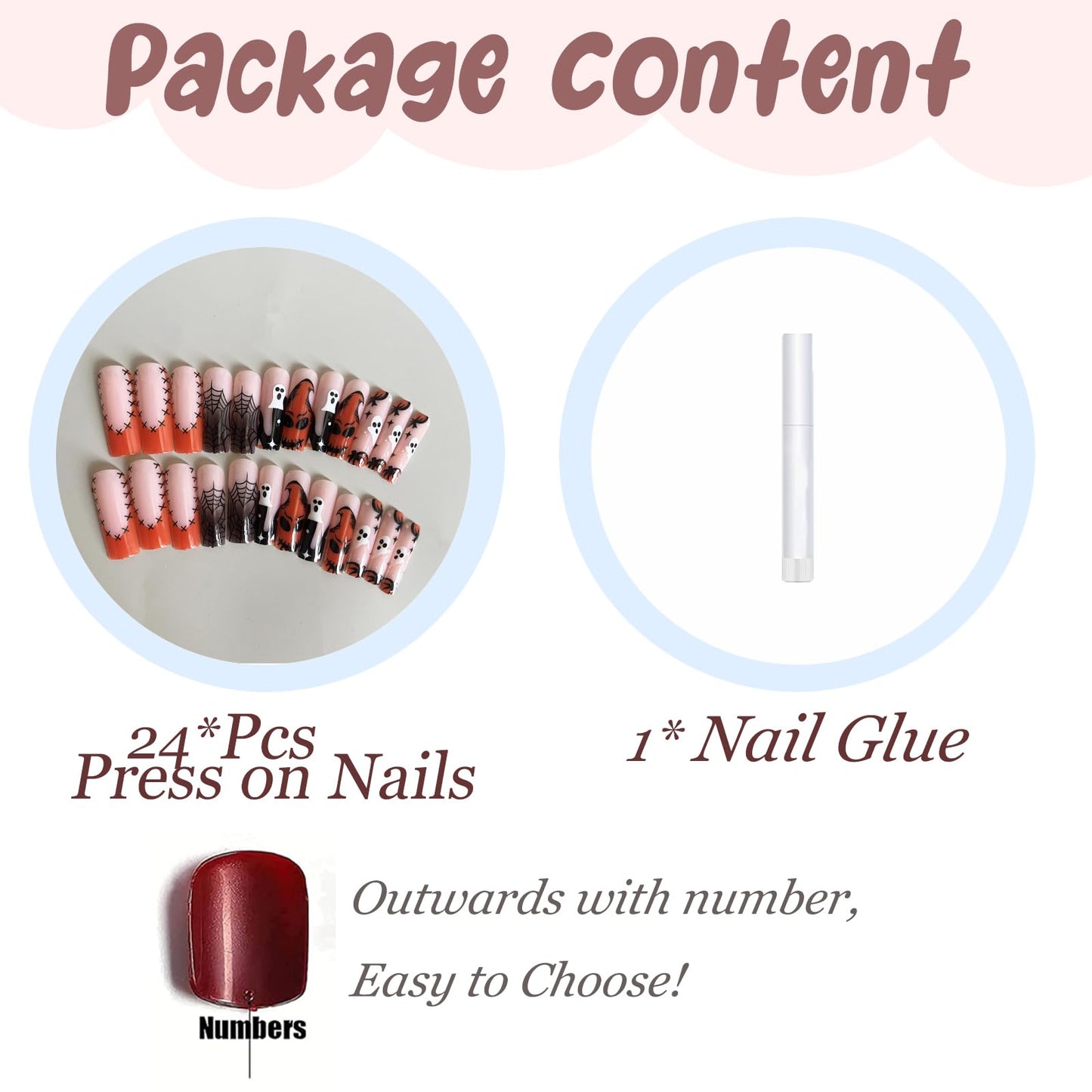 BABALAL Press on Nails Long Square Fake Nails Black Orange French Tip Glues ons Ghost Spider Web Halloween Goth Design 24Pcs Manicure Stick on Full Cover False Nails