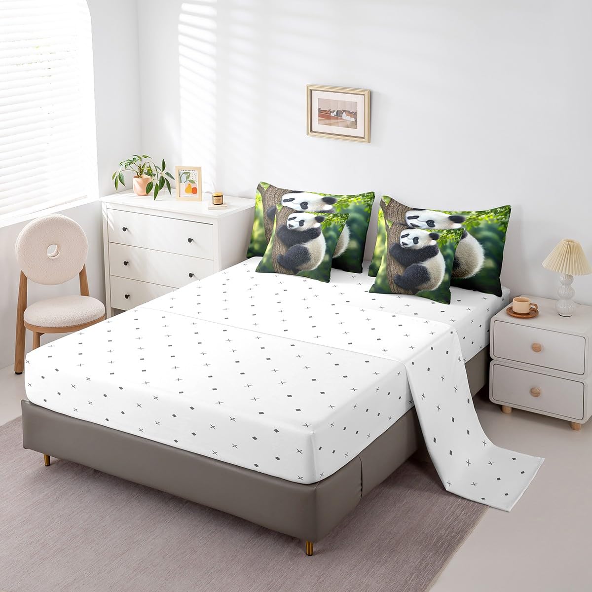 Feelyou Cute Panda Comforter Set 7 Pieces Full Size Kawaii Bear Bedding Set for Boys Girls Nature Bed in a Bag with Comforter, Sheets, Pillowcases & Cushion Covers