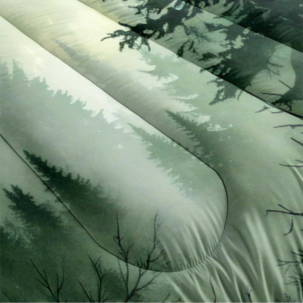 CCoutueChen Olive Green Botanical Comforter Set King Size Green Woodland Forest Tree Comforters Ombre Nature Landscape Bedding Set Army Green Pine Trees Bedding Ultra Soft Microfiber