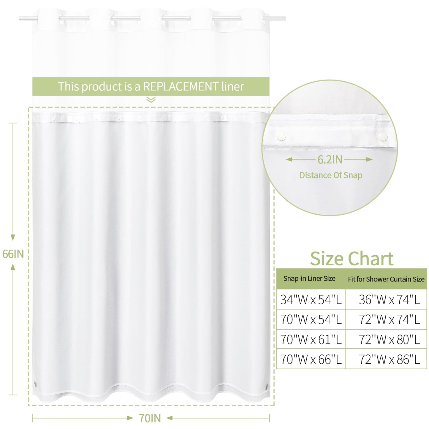 Litabel White Fabric Snap-in Shower Curtain Liner Replacement, 70W x 66H Waterproof Removable Liner for No Hook Shower Curtains with Snap in Liner, Soft Cloth & Hotel Quality, Machine Washable