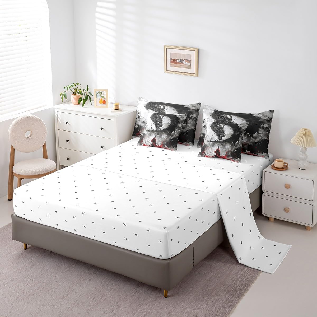 Homewish 7 Pieces Dragon Samurai Comforter Set Queen,Ink Painting Bed Set for Kids Boys Girls,Japanese Style Bedding(1 Comforter,1 Fitted Sheet,1 Flat Sheet,2 Pillowcases,2 Throw Pillow Cover)