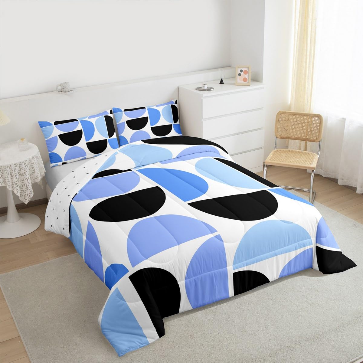 Erosebridal Blue and White Black Comforter Set Mid Century Bedding Set Queen Size,Modern Abstract Geometric Quilt for Kids Boys Girls Adults Retro Boho Art Down Comforter