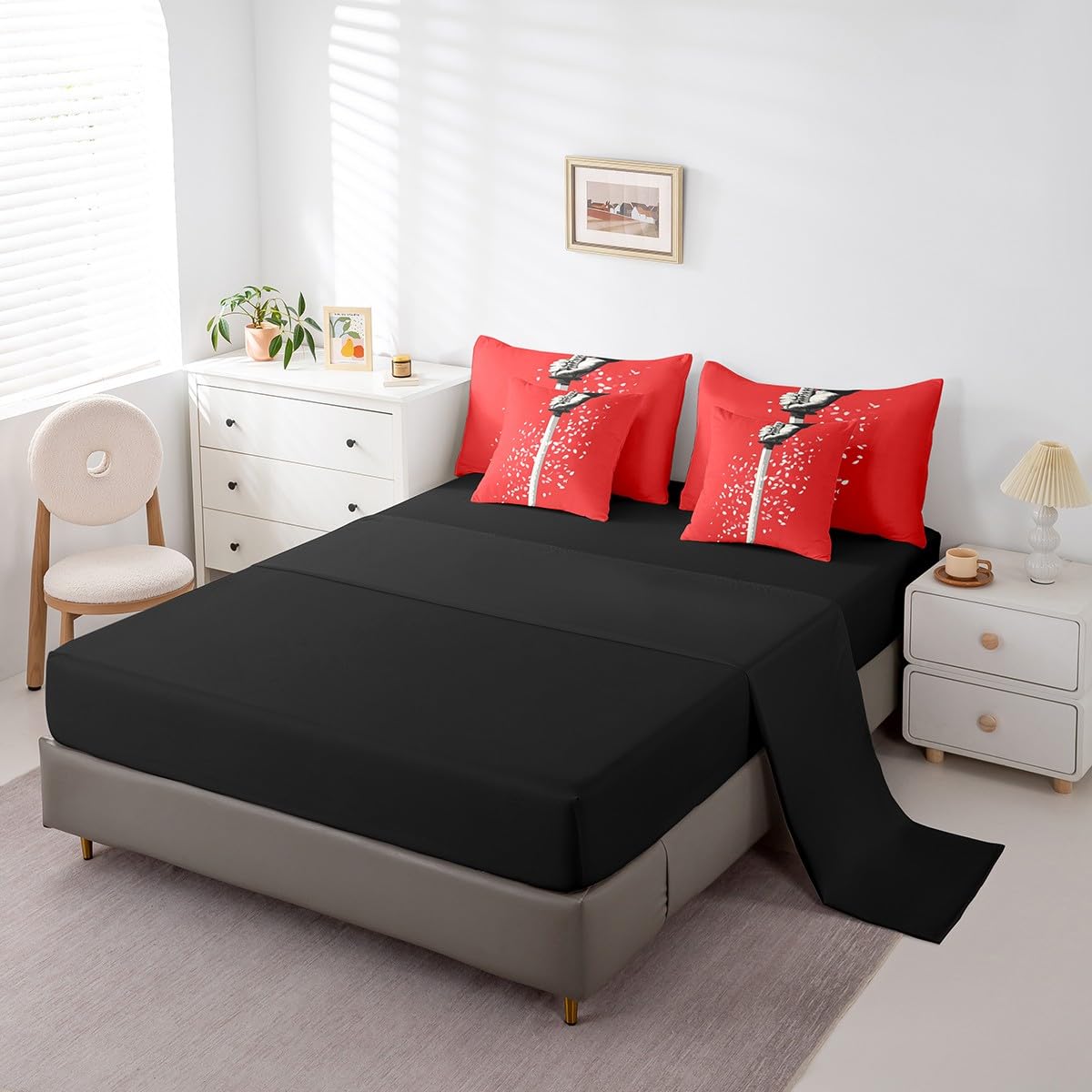 Erosebridal Samurai Sword Comforter Set Twin,Cherry Blossom Bedding Set 7Pcs for Kids Boys Men,Red White Flower Floral Bed in a Bag