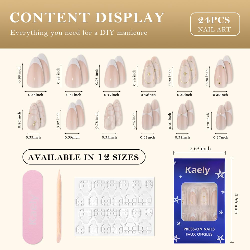 evpct 3D French Press on Nails Medium Almond No Glue with Bohemian Stars Design, White Tip Glossy Stick on Nails for Women with Kit, Reusable Soft Stick on Fake Nail with French Design Perfectly Fit