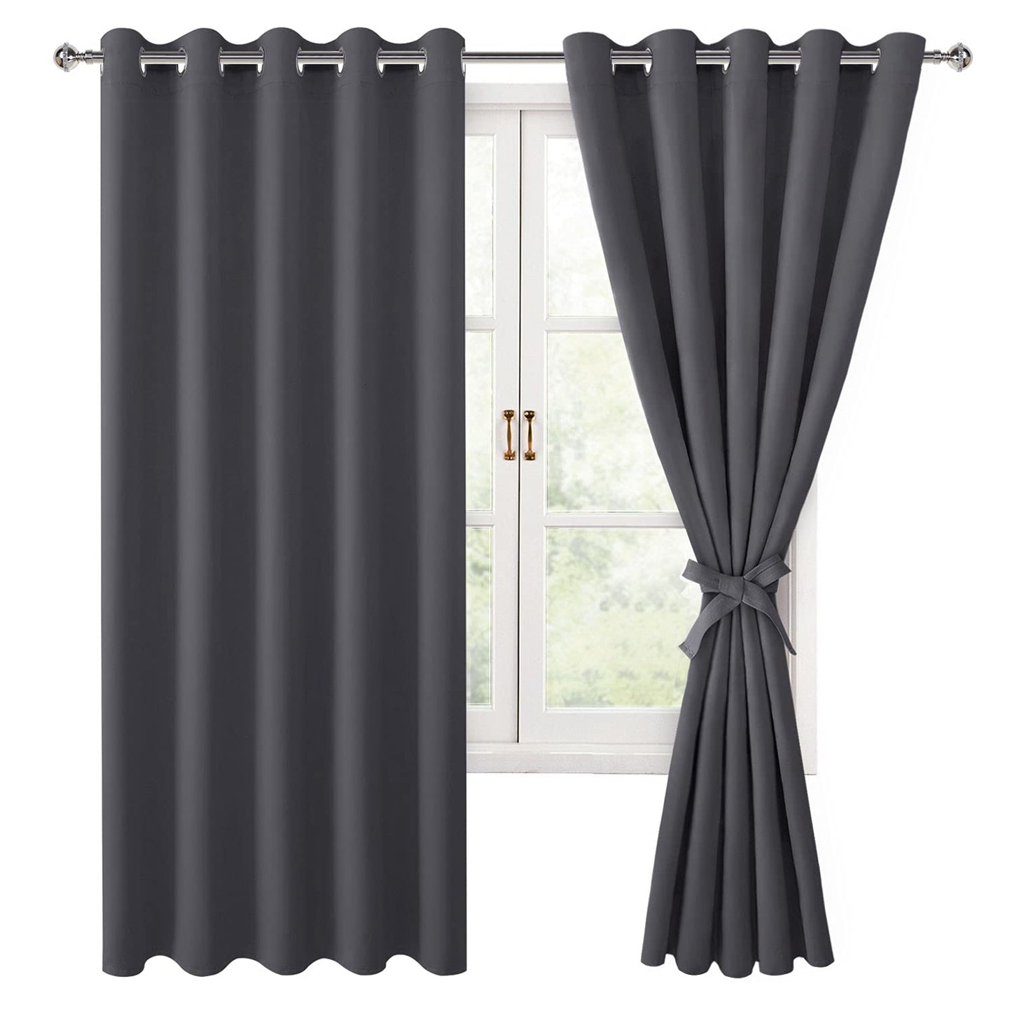 Hiasan Blackout Curtains for Bedroom, 60 x 63 Inches Length - Thermal Insulated & Light Blocking Window Curtains for Living Room, 2 Drape Panels Sewn with Tiebacks, Dark Grey