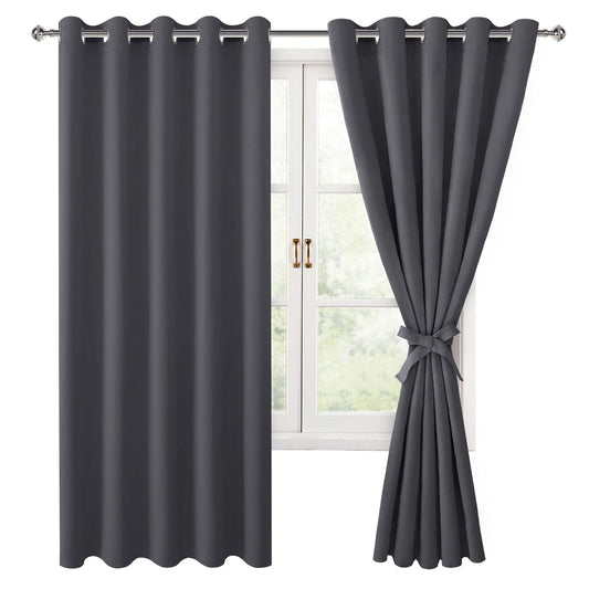 Hiasan Blackout Curtains for Bedroom, 60 x 63 Inches Length - Thermal Insulated & Light Blocking Window Curtains for Living Room, 2 Drape Panels Sewn with Tiebacks, Dark Grey