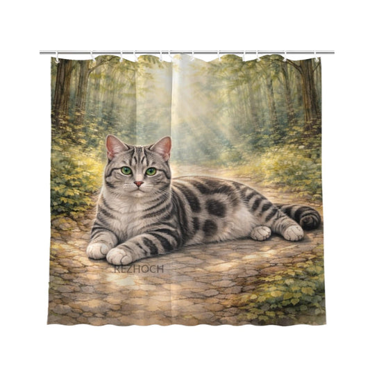 REZHOCH Funny American Shorthair Cat Shower Curtain 72x72Inch Forest Cute Animal Watercolor Art Home Bathroom Decor Spring Summer Nature Woodland Farm Waterproof Fabric Bath Set with Hooks