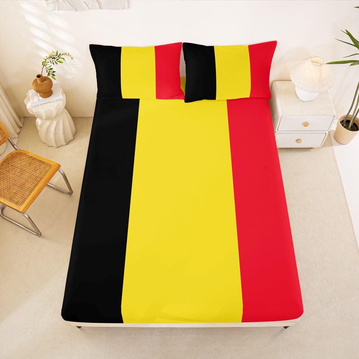 Feelyou Belgian Flag Bed Sheets Set Queen Size Belgium Deep Pocket Fitted Sheet World Countries Bedding Sets International Flag Soft Bed Set 4Pcs with 2 Pillow Cases