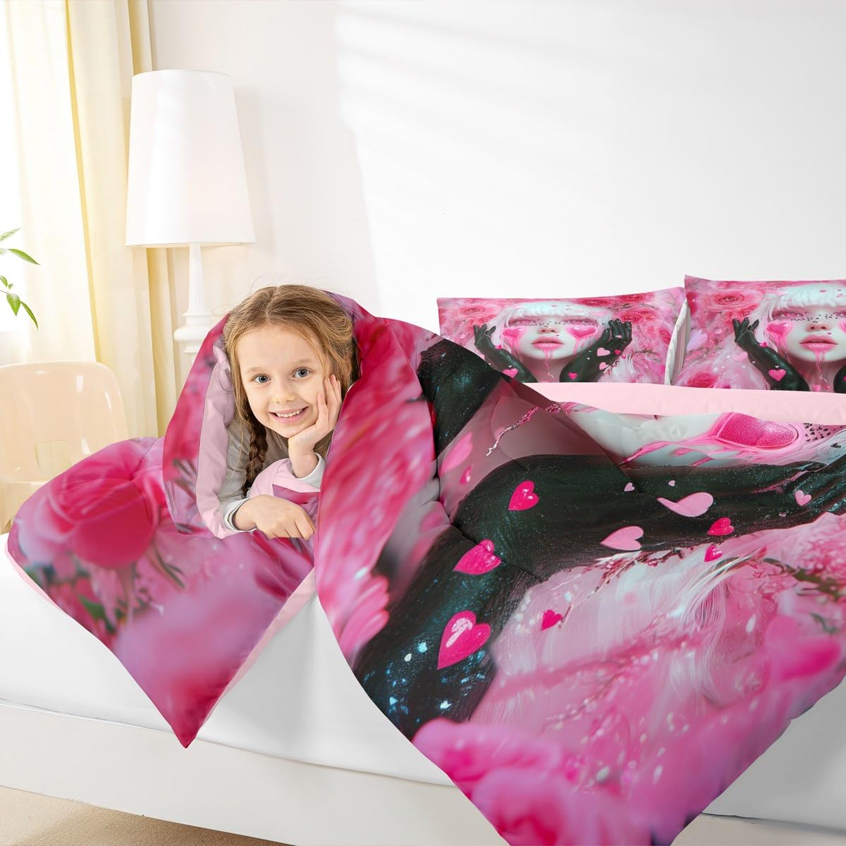 Erosebridal Pink Girl Comforter Set Twin Size Romance Rose Flowers Toddler Bedding Sets for Girls Anime Bedding Set, Modern Fashion Lady Art Duvet Insert Love Hearts Quilt with 1 Pillowcase