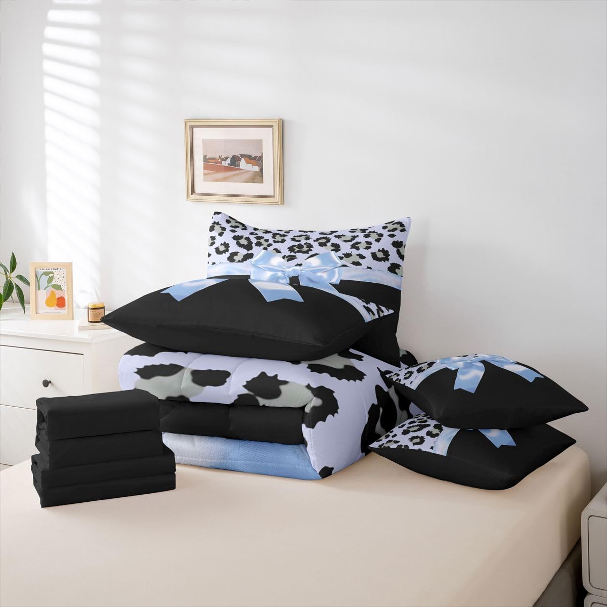 Feelyou Blue Silk Bowknot 7 Piece Bedding Set Queen Size Grey Leopard Comforter Set with Sheets for Kids Girls Women Black Blue Bed in a Bag Sweet Romantic Bed Set
