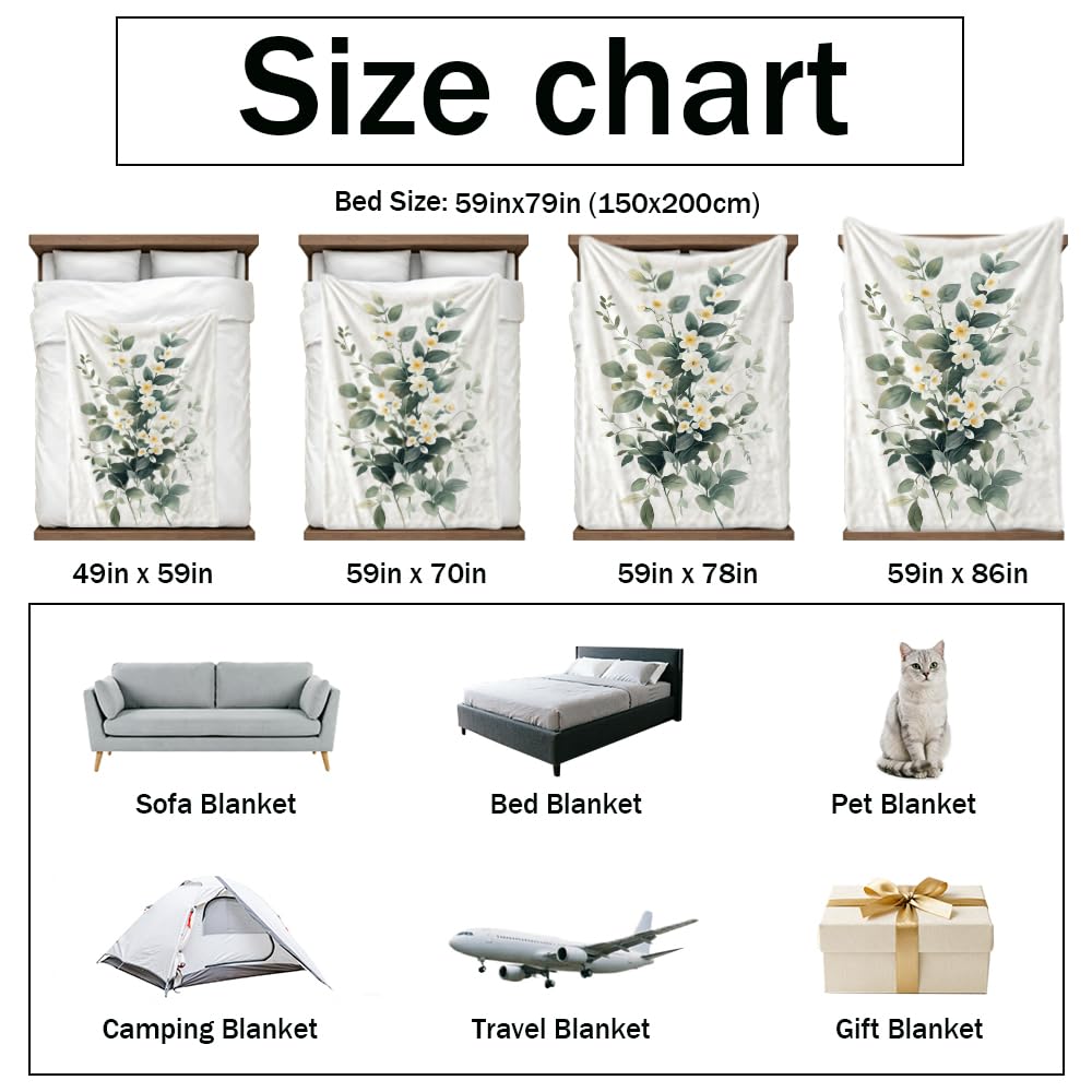 HUNXIAOJ Botanical Throw Blanket Green Leaves Blanket Plant and Floral Decor Botanical Bedding Warm Soft Flannel for Bed Sofa Couch (49in x 59in)