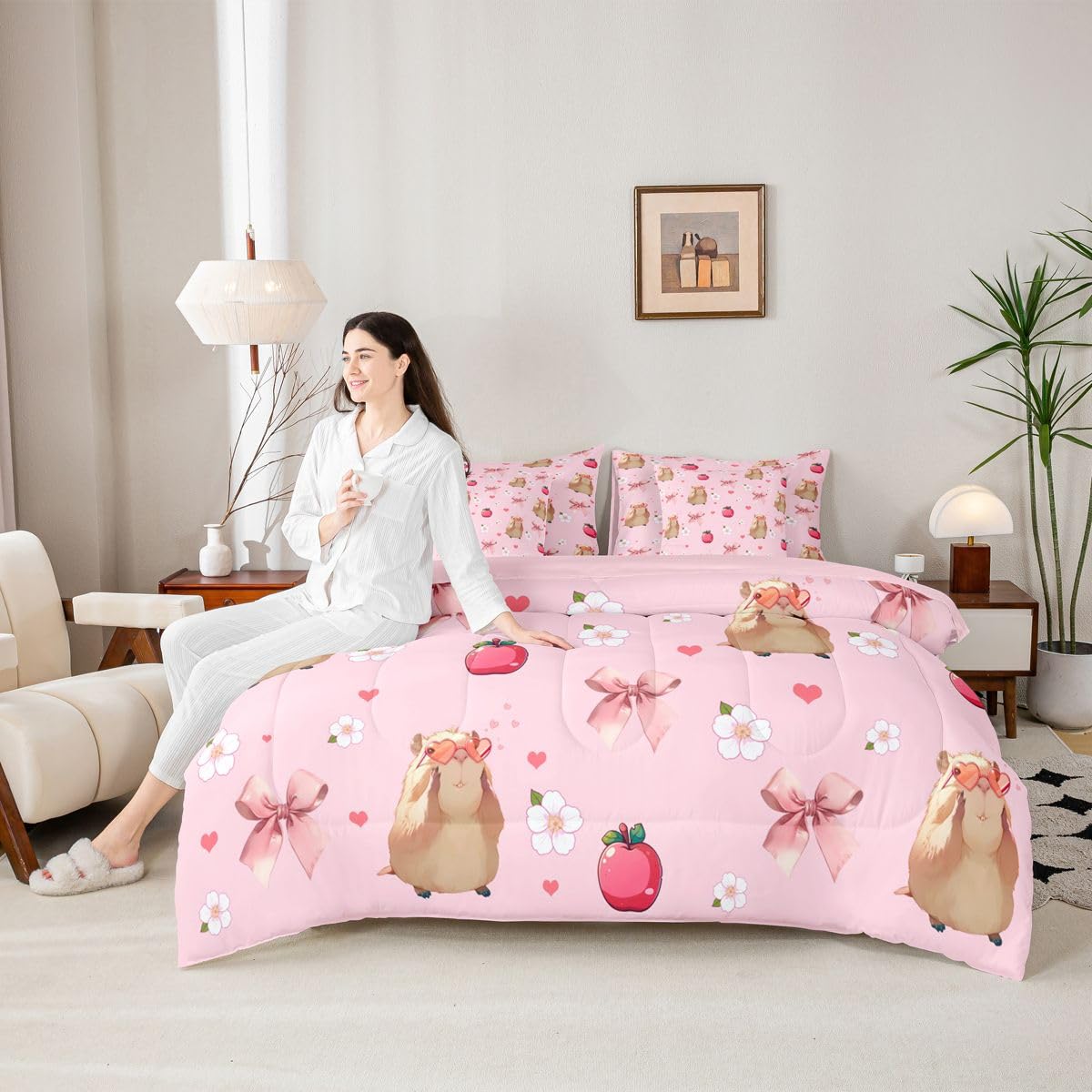 Feelyou Capybara Comforter Set King Size 7 Pieces Cute Pink Bow Bedding Set for Kids Boys Girls Soft Flower Texture Bed in a Bag with Comforter, Sheets, Pillowcases, Cushion Covers