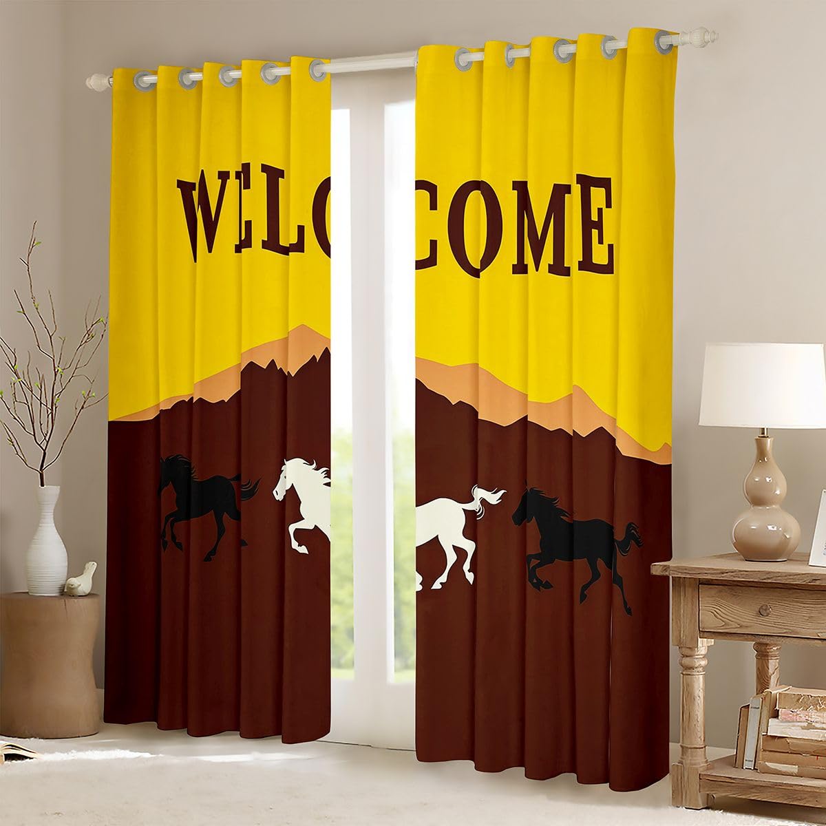 Feelyou Horse Curtains for Bedroom Living Room Galloping Horse Blackout Darkening Drapes Cute Animal Decor Window Treatments, 2 Panels 38 x 54 Inch Kawaii Room Decor Yellow Brown Black