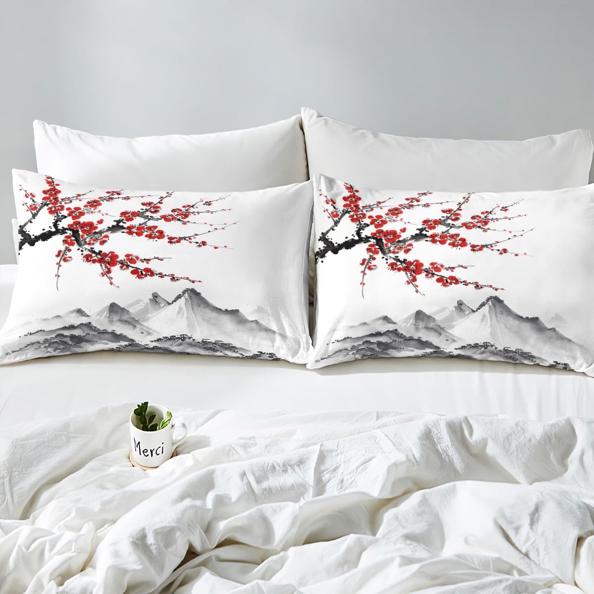 Japanese-Style Comforter Cover Red Cherry Blossoms Printed Bedding Set Mount Fuji Duvet Cover Ink Painting Black White Pattern Bedspread for Adult Women Teen Girls Soft Microfiber Quilt Set, Full