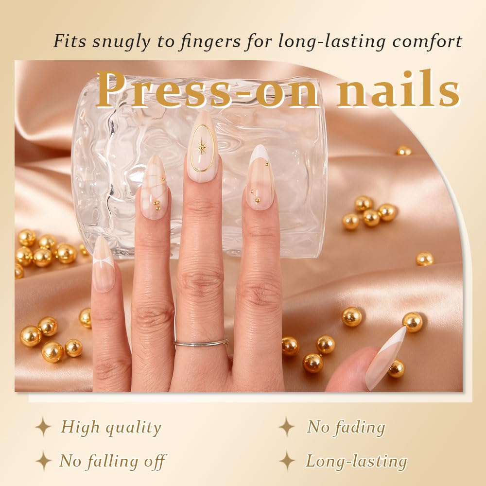 evpct 3D French Press on Nails Medium Almond No Glue with Bohemian Stars Design, White Tip Glossy Stick on Nails for Women with Kit, Reusable Soft Stick on Fake Nail with French Design Perfectly Fit