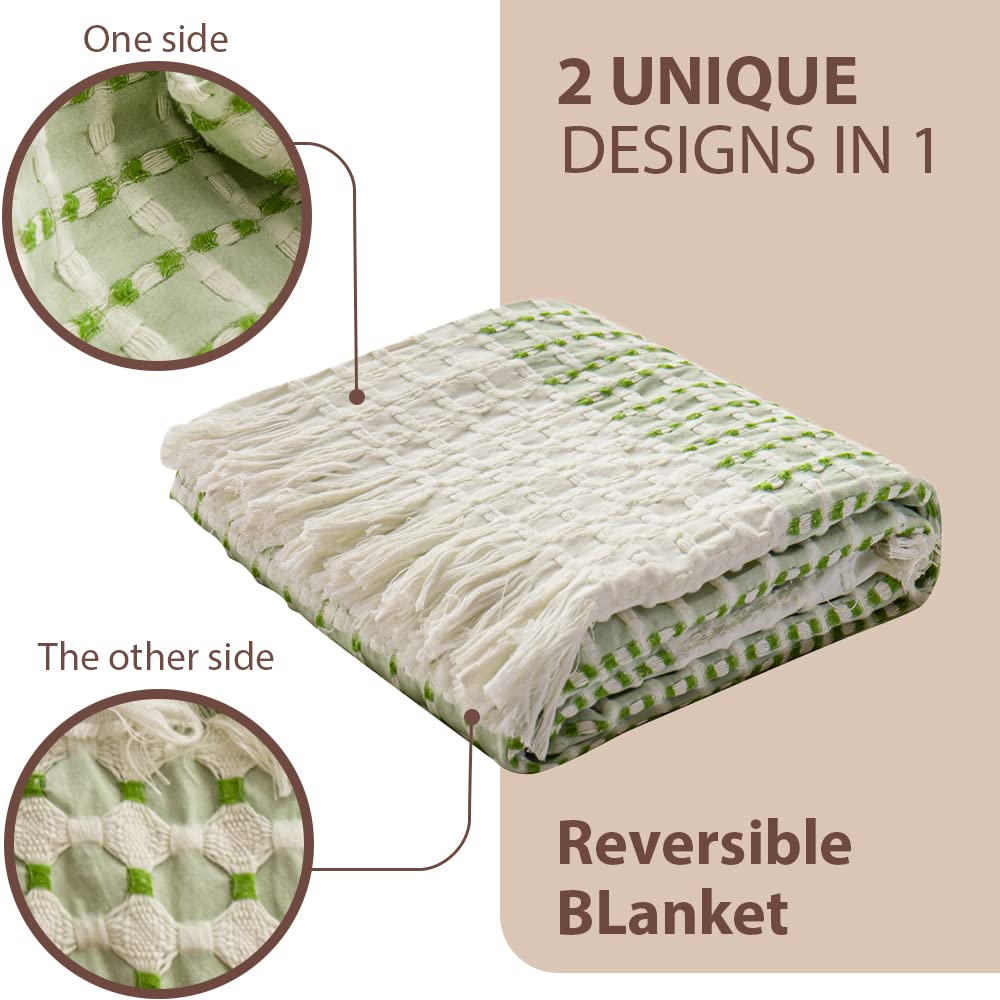 Simple&Opulence 100% Cotton Throw Blanket for Bed, Couch, Yarn Dyed Cable Knitted Jacquard Woven Blanket with Tassels, Soft Lightweight Cozy Breathable Farmhouse Decoration for All-Season(Green)