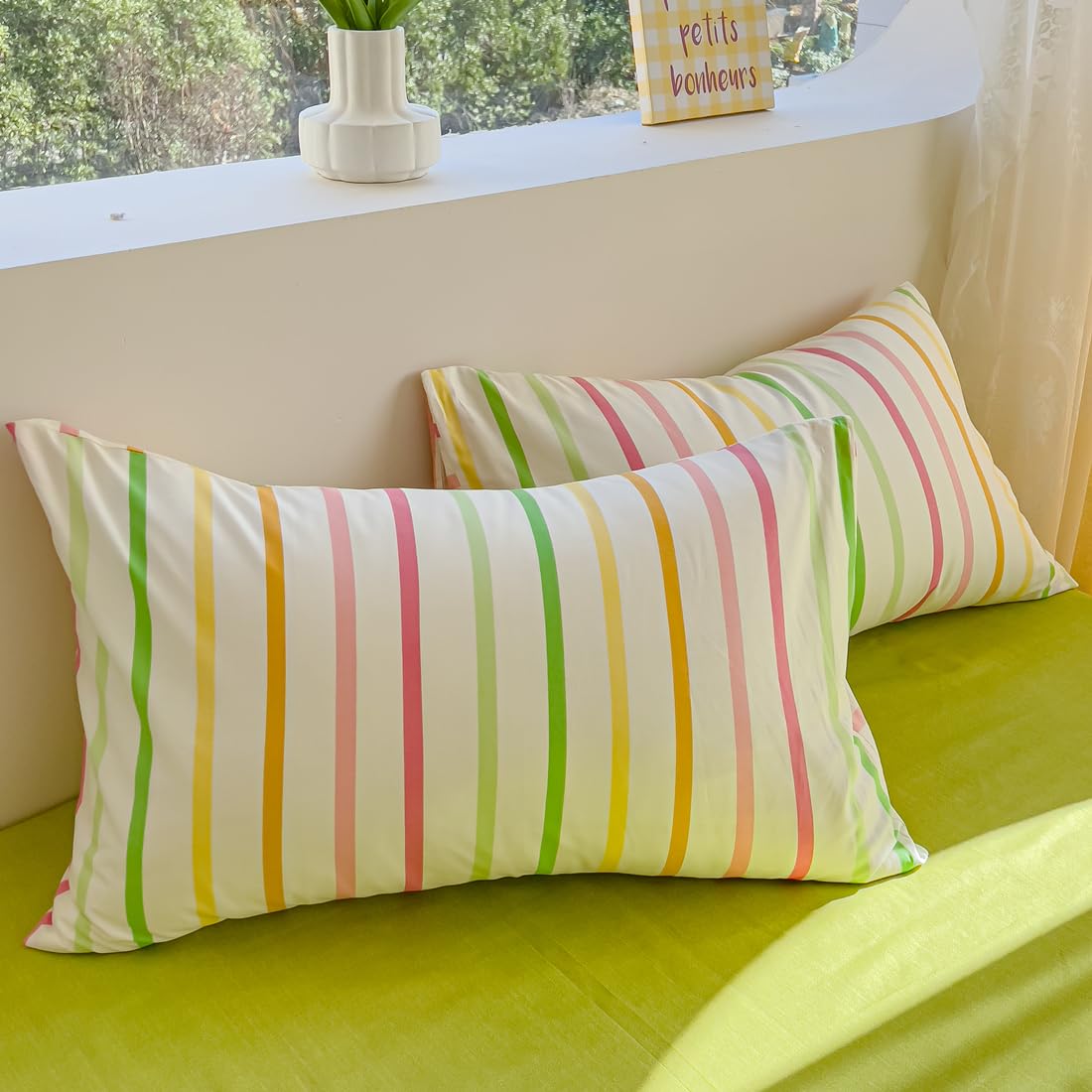 LIWHENHAO Striped Duvet Cover Set Queen 100% Cotton Bedding Red Green Yellow Orange Pink Rainbow Line on White 1 Stripe Geometric Comforter Cover Full 2 Pillowcases for Kids Girls Boys Woman