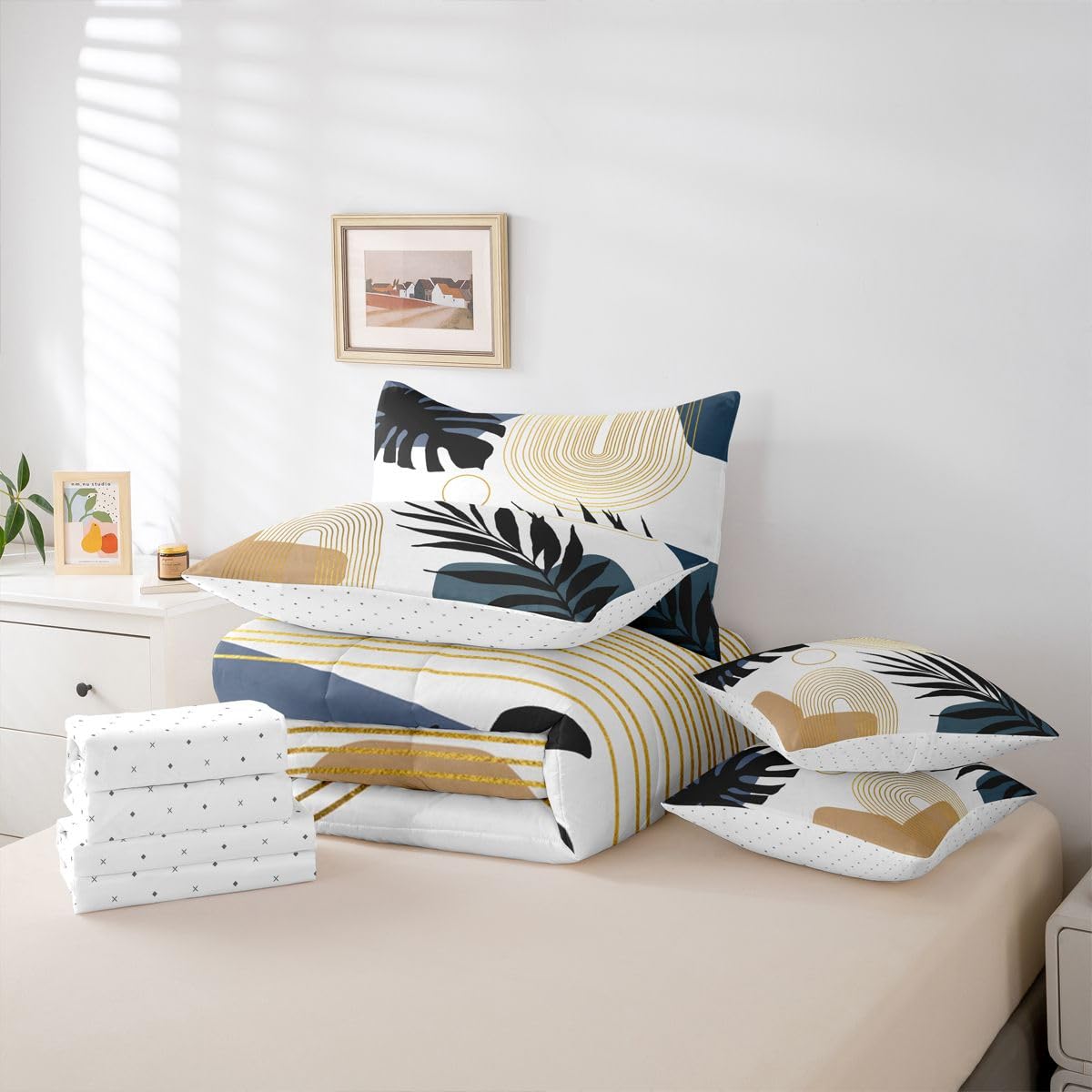 Erosebridal Abstract Tropical Full Comforter Set with Sheets, Chic Boho Plant Palm Leaf 7 Pcs Bedding Set, Bohemian Mid Century Simple Minimalist Bed in A Bag, Modern Geometric Aesthetic Bed Sets