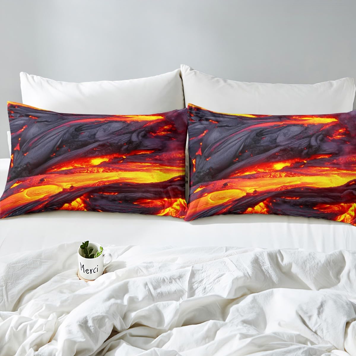 Volcano Bedding Set King 3 Pieces Disaster Printed Pattern Red Yellow Comforter Set Lava Duvet Cover For Adult Boys Men Teen Bedspread With Zipper Ties 1 Duvet Cover +2 Pillowcases, No Comforter