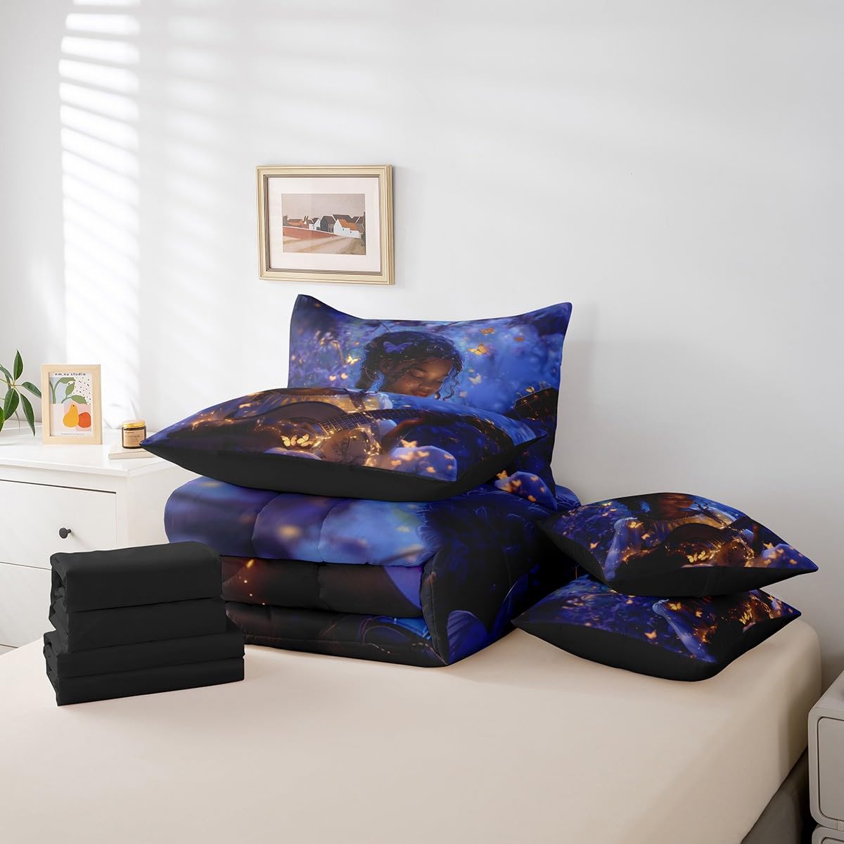 Boho Exotic Girl Comforter Set,Artistic Musical Guitar 7 Piece Bed Set Twin Size for Kids,Jungle Glowing Butterfly Bed in a Bag Bedding Set with Comforter,Sheet Set,Pillowcases,Pillow Covers