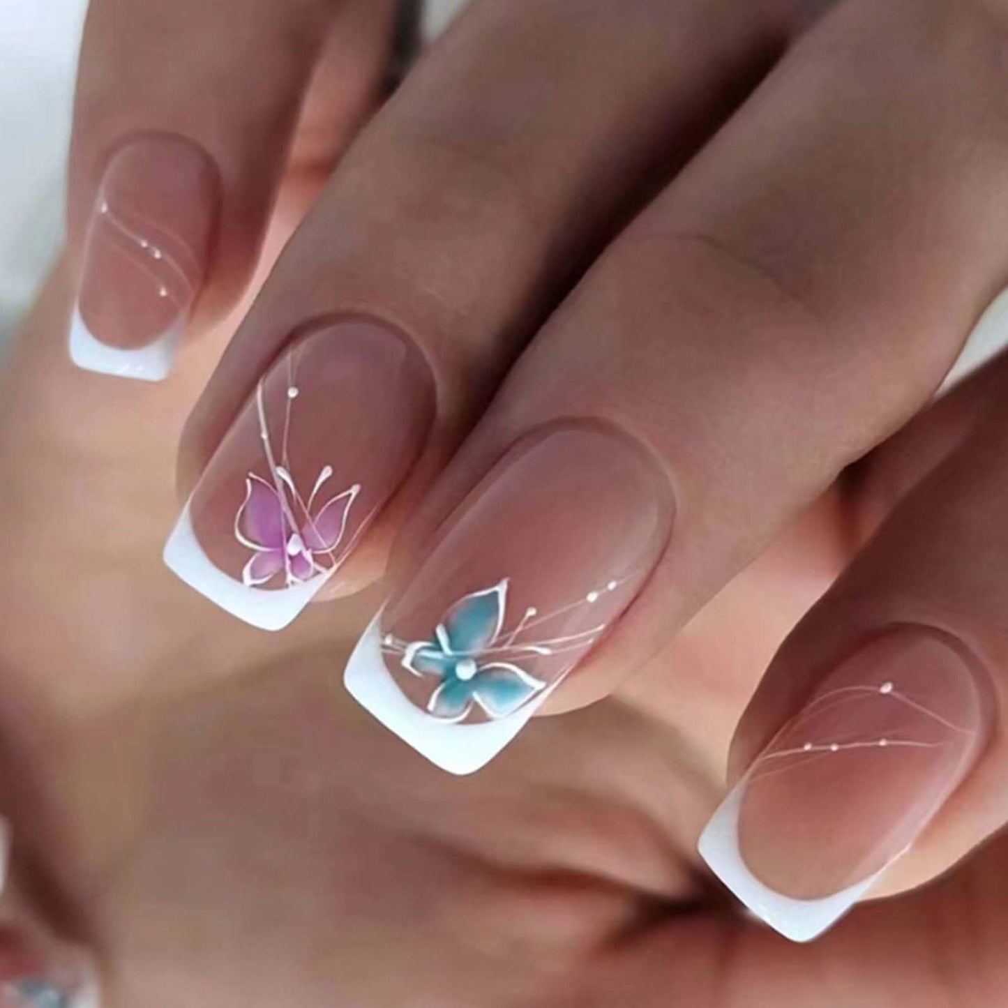 Gifiky Short French Press on Nails Square Fake Nails Butterfly Nails Tips Full Cover Nude False Nails for Women and Girls 24Pcs