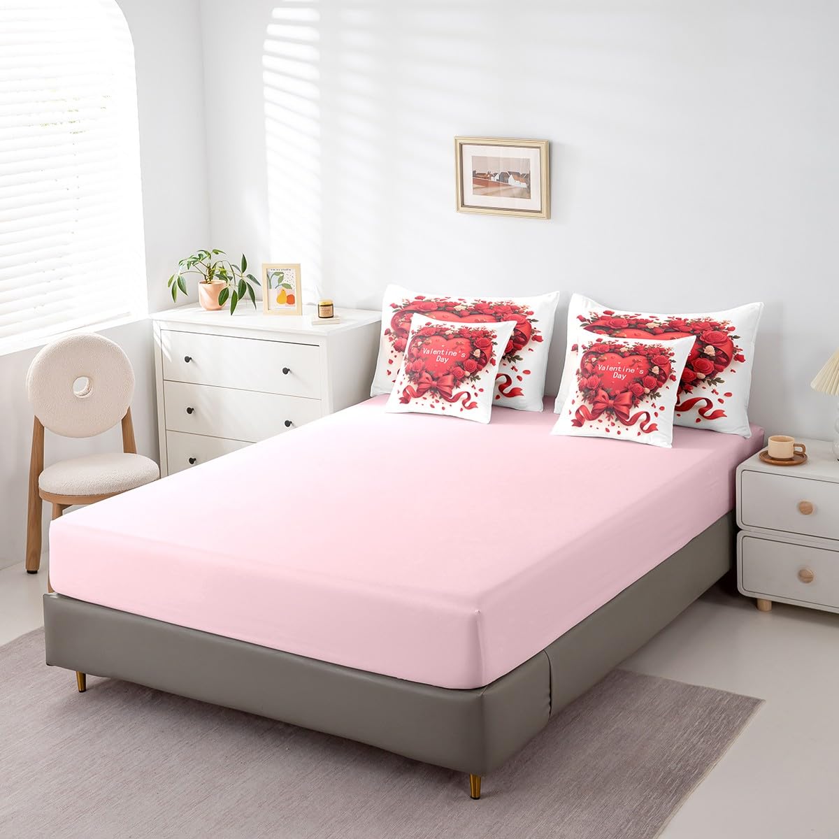 Feelyou Kids Valentine's Day Comforter Set with Sheets Queen Size, Rose 7 Pieces Bedding Set Boys Girls Romantic Bed in A Bag Red Heart Teens Bed Set Bedroom Decor 7Pcs