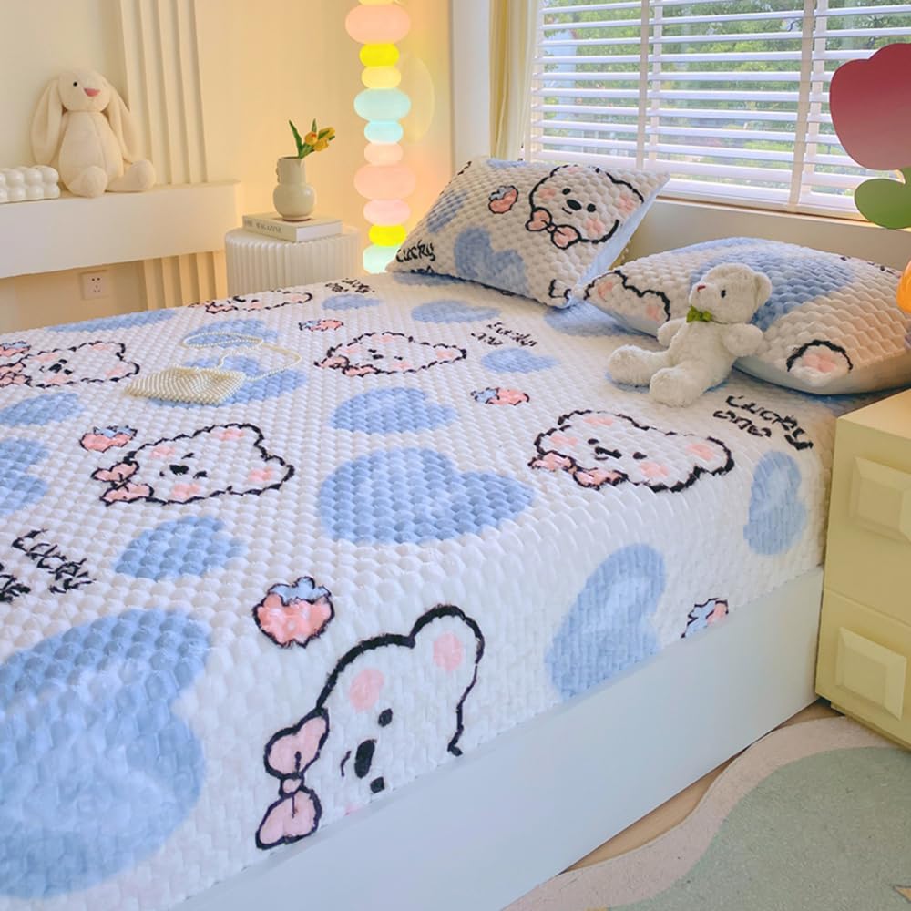 ZIQINPSQ Cozy Fleece Fitted Sheet Full Size - Ultra Soft Fuzzy Bed Sheets for Winter, Deep Pocket 15'' Velvet Plush Bottom Sheet Only (Anti-Static & Warm), Bear