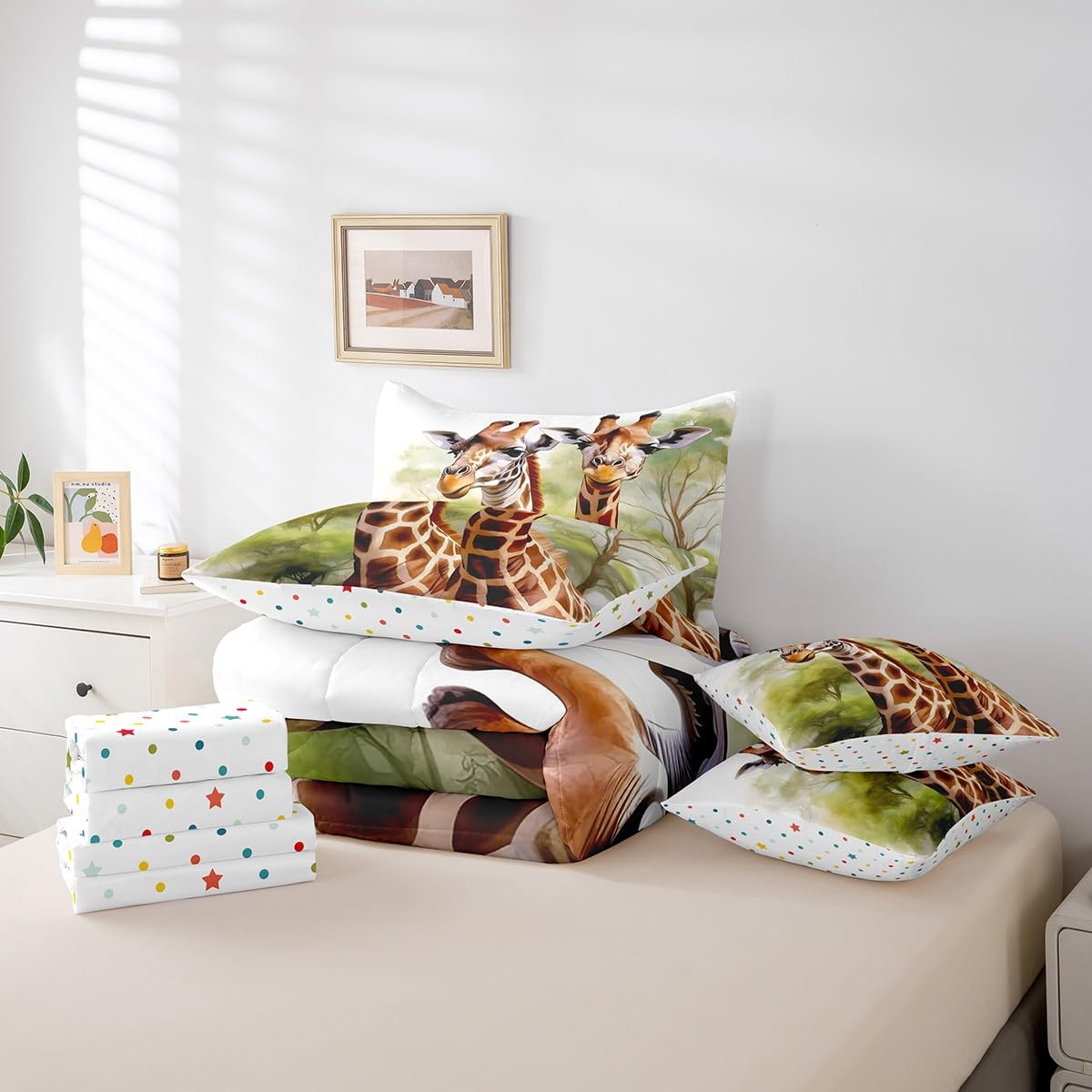 Erosebridal 7 Piece Giraffe Twin Comforter Set with Sheets,Cute Giraffe Bedding Set for Kids Girls Boys,Zoo Animal Print Bed Set,Wild Animals Safari Bed in a Bag with Fitted+Flat Sheet,Pillowcases