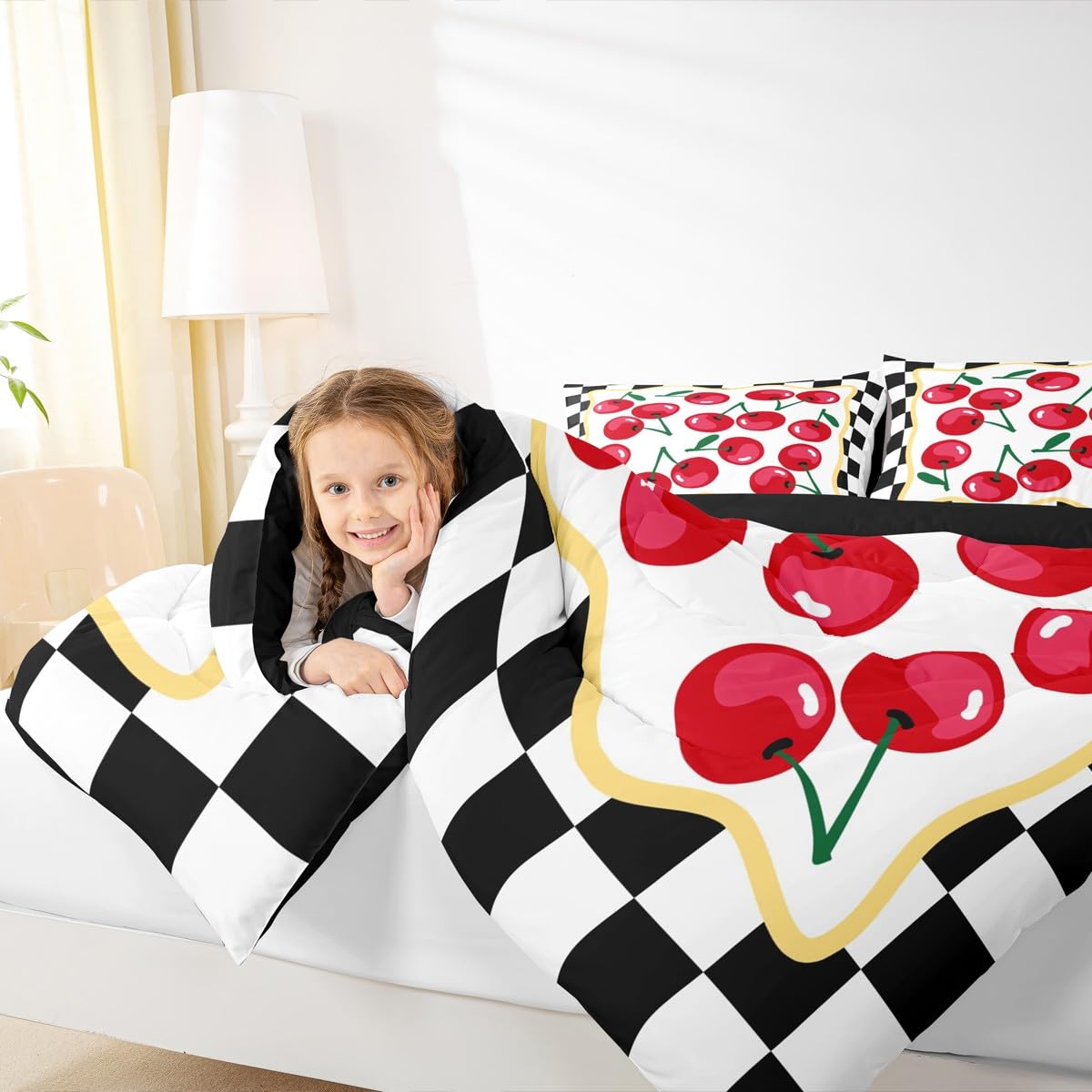 Cartoon Cherry Kids Comforter Set Twin Size,Geometric Checkerboard Plaid Patchwork Bedding Set,Girls Princess Room Decor,Tropical Fruit Summer Down Comforter,Red Black Duvet Insert,1 Pillowcase