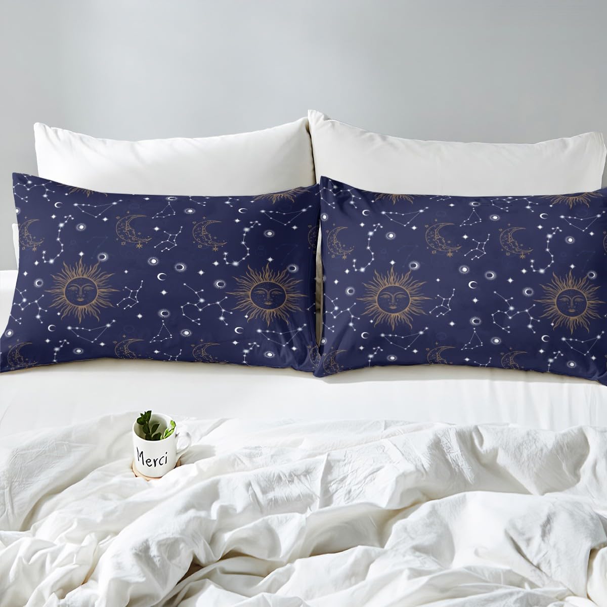 Castle Fairy Golden Sun Moon Fitted Sheet Set Full Size 4 Pcs,Stars Planets Bedding Set(1 Fitted,1 Flat,2 Pillowcases),Navy Blue Universe Luxury Deep Pocket Bed Sheets for Girls Teesn Room