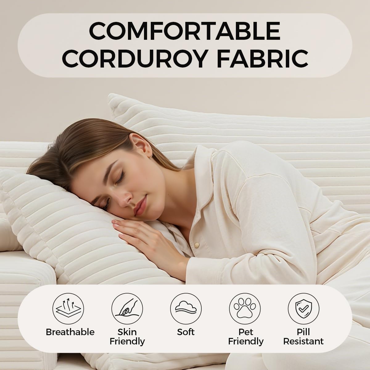 65" Chaise Lounge Chair Indoor, Oversized Corduroy Sofa Bed with 3 Pillows, Boneless Sleeper Couch Chairs, Cloud Sleeper Sofa for Bedroom Living Room with Storage Pocket & Cup Holder, White