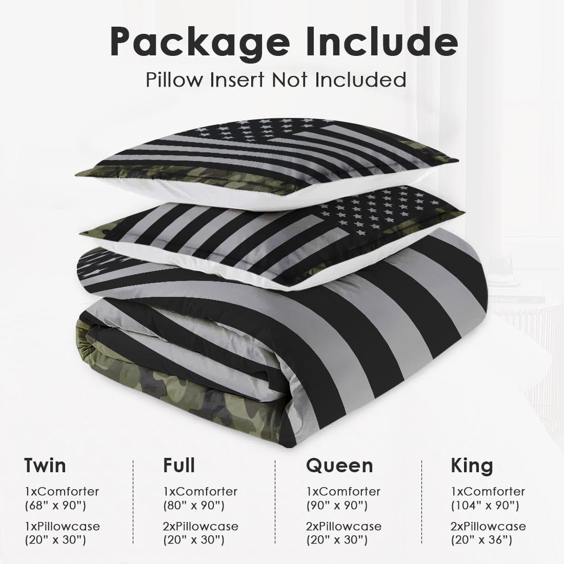 WeCozy Queen Size Comforter Set with 2 Pillowcases, Black Military Camouflage American Flag Soft 3 Pcs Bedding for Kids and Adults Bedroom Bed Decor