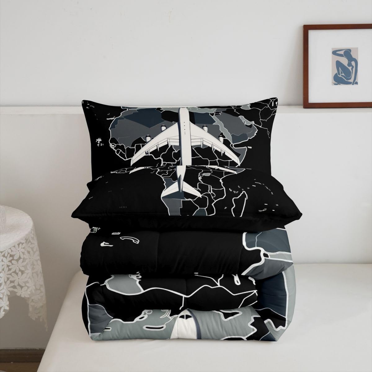 Erosebridal Airplane Comforter Set Full Aircraft Bedding Set Gradient Gray World Map Comforter for Kids Boys Girls Modern Transportation Plane Quilt Duvet