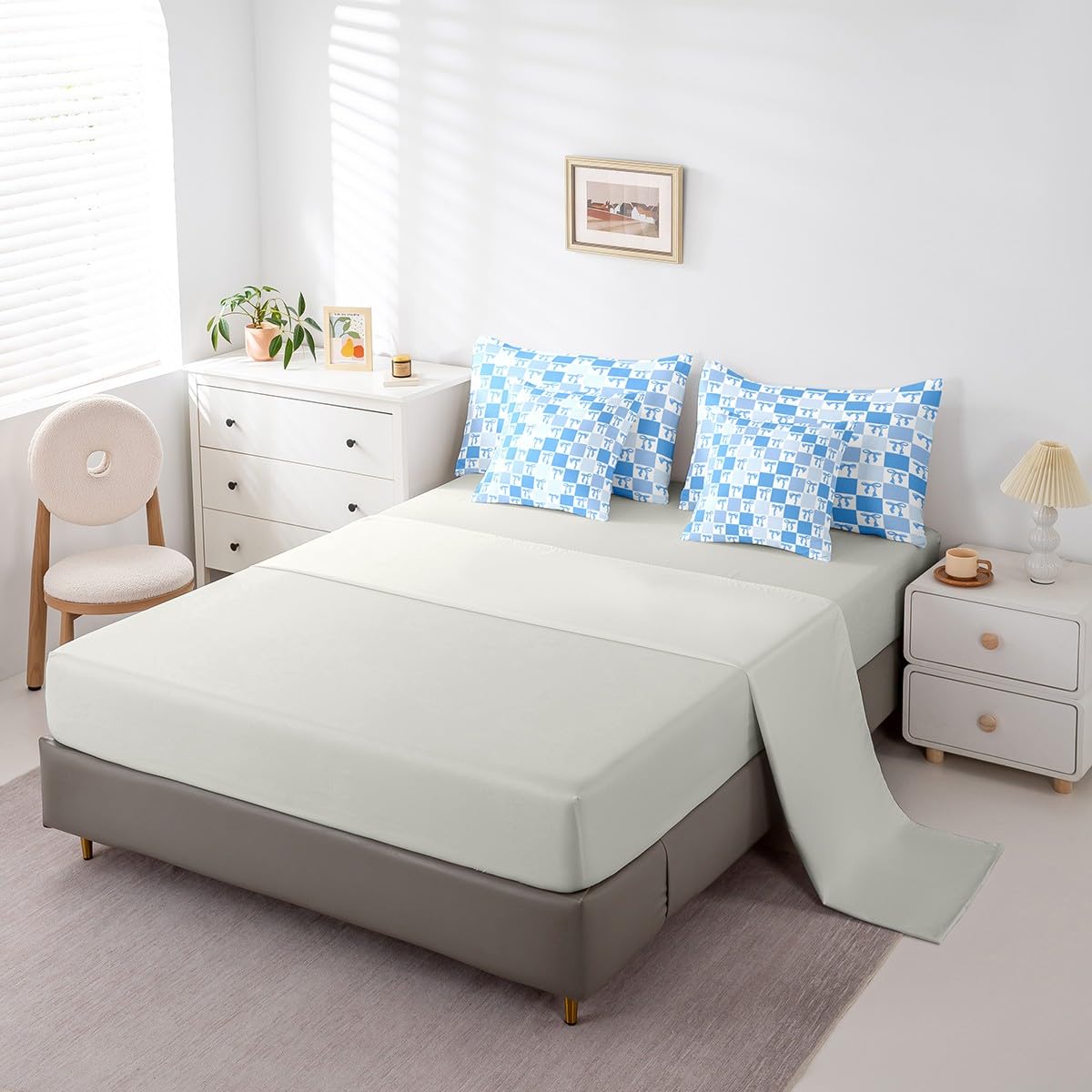 Erosebridal Ribbon Bow 7 Piece Bedding Set Twin Comforter Set with Sheets Princess Preppy Bowknot Kawaii Bed in a Bag Dreamy Grid Check Blue for Kids Girls Women